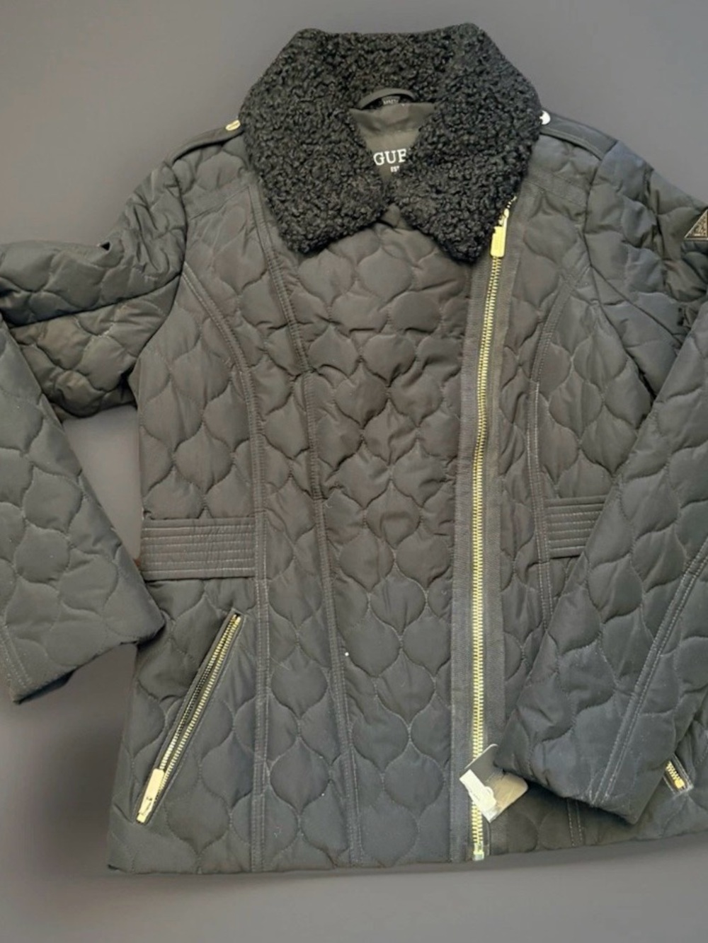 GUESS Black Quilted Jacket with Sherpa Collar and Gold Zippers
